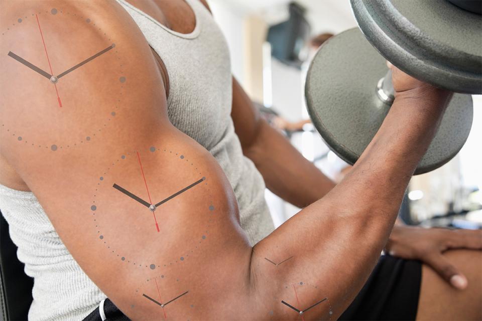 a man doing a bicep curl with illustrations of clocks on his arm